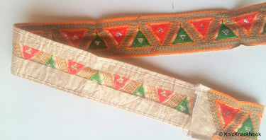 Wholesale Gold Fabric Trim With Green and Orange Triangle Embroidery, Embroidered Trim, 9 Yards